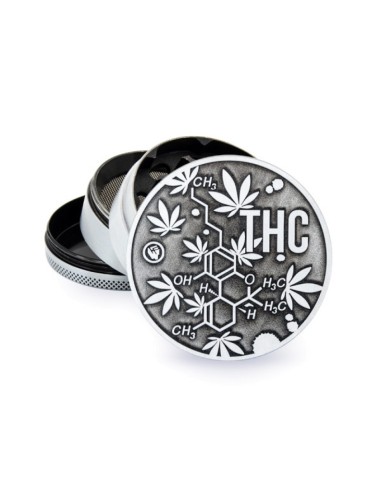 "Grinder in metallo 4 parti con molecola THC in rilievo, diametro 60 mm. Perfetto per erbe aromatiche e spezie!"