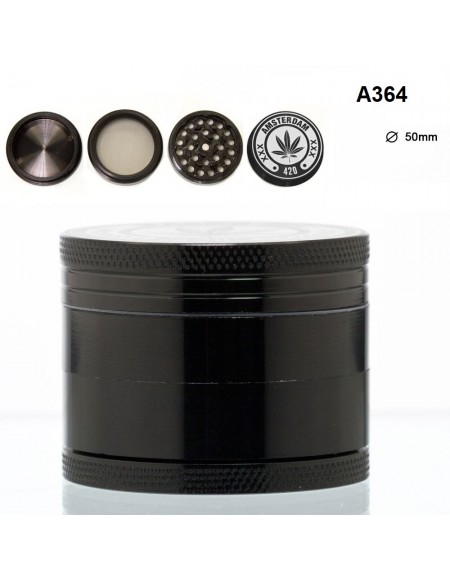 Amsterdam 420 Grinder Nero con Foglia - 4 Parti - Ø50mm